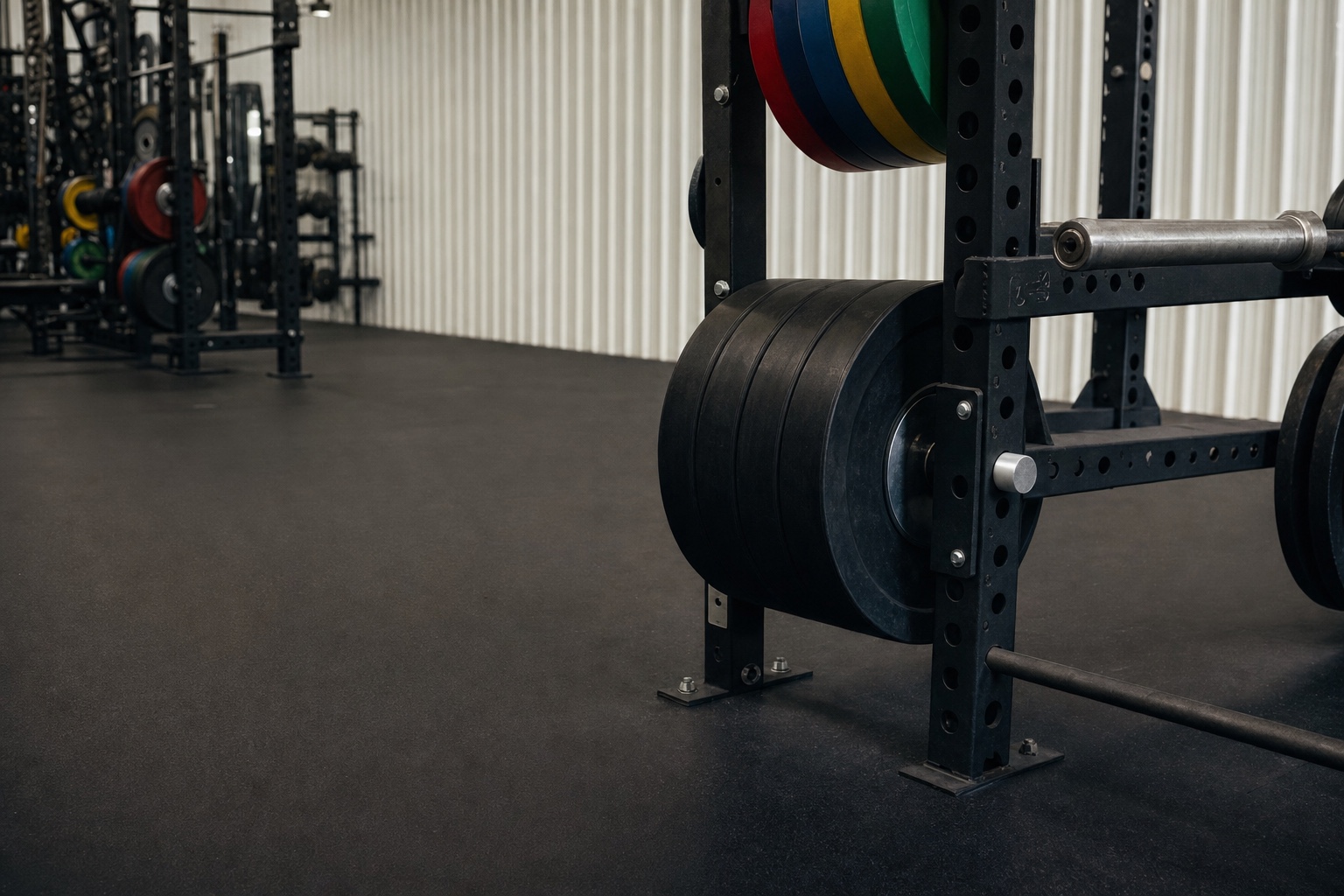 Iron and bumper plates stored on a rack at House of Iron Westside